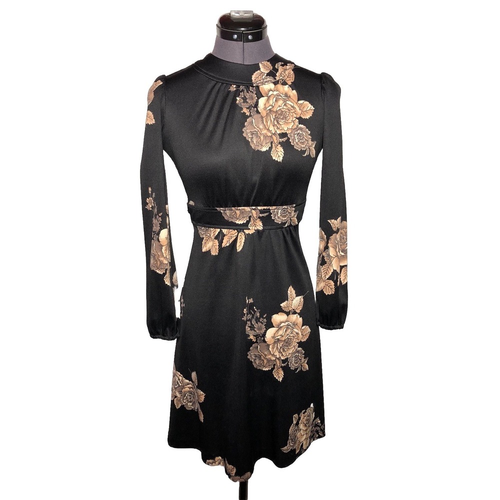 Vtg 1970s Mini Dress Black Floral High Neck Long Sleeve Fall ‎ 31-25-33 XS S
